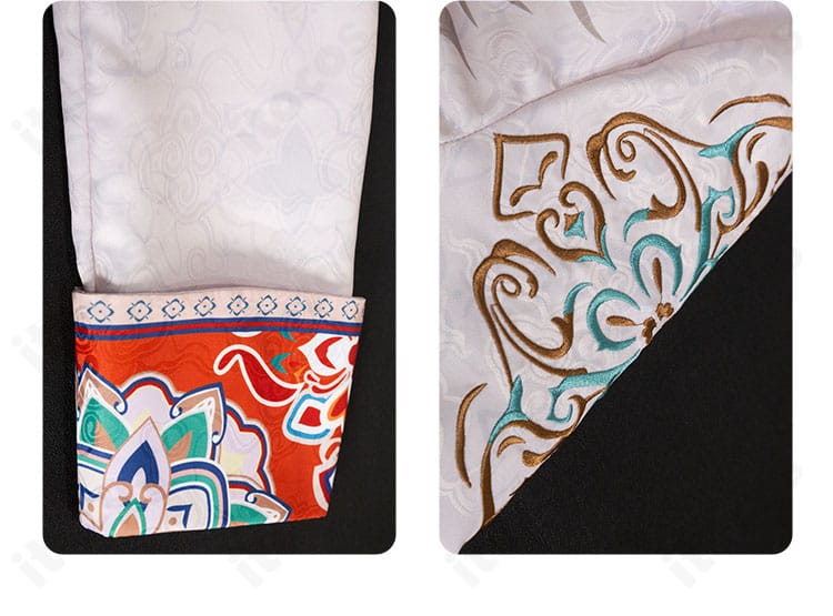 袖口装飾の拡大写真。エレガントなモチーフと縫製の美しさを強調。