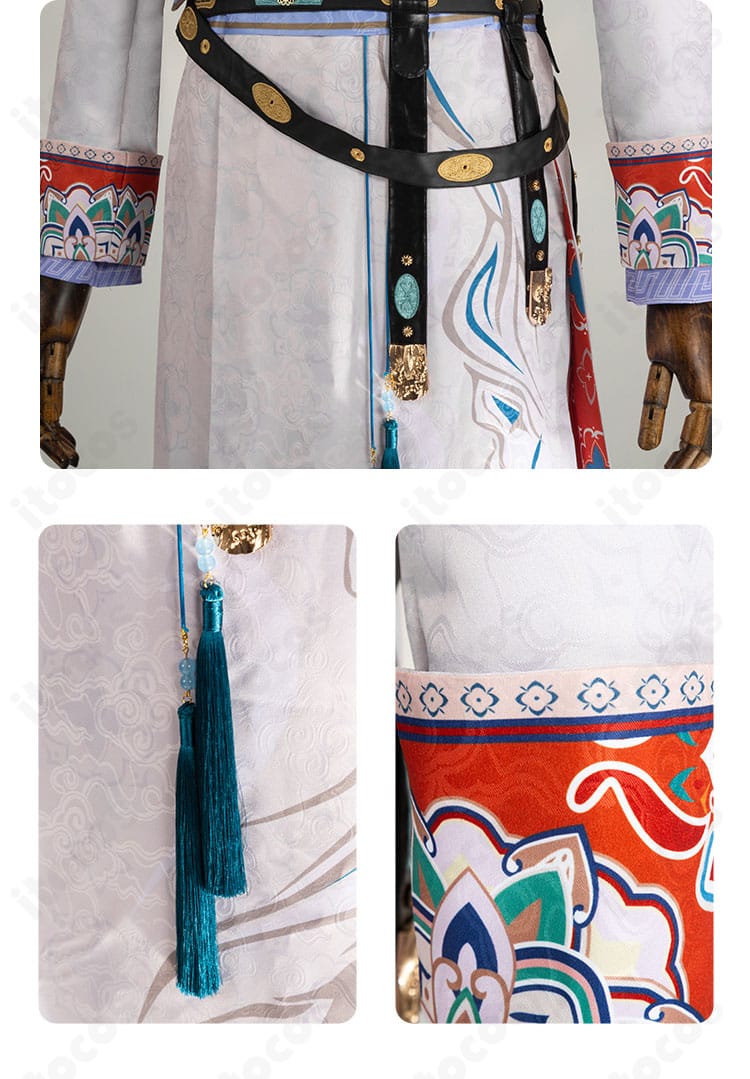 腰飾りと袖口装飾のアップ。質感と光沢、装飾の固定方法が分かるディテール画像。