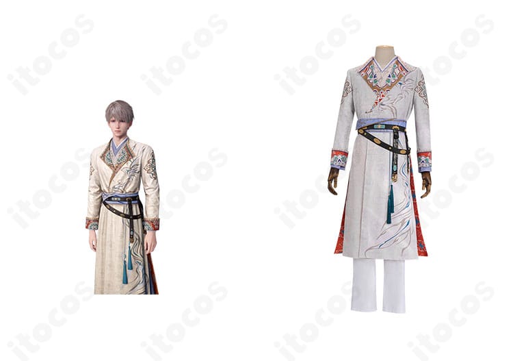 正面から見た恋と深空 セイヤ「花の意を聴く」コスプレ衣装とキャラクターの比較画像。配色と装飾を忠実に再現。