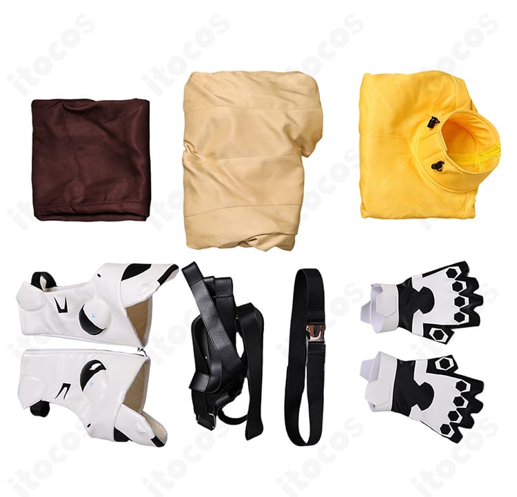 オーバーウォッチ2 ベンチャー コスプレ衣装のセット内容一式を並べた写真。コート・トップス・ズボン・足鎧・手袋・ベルト・太もも飾り