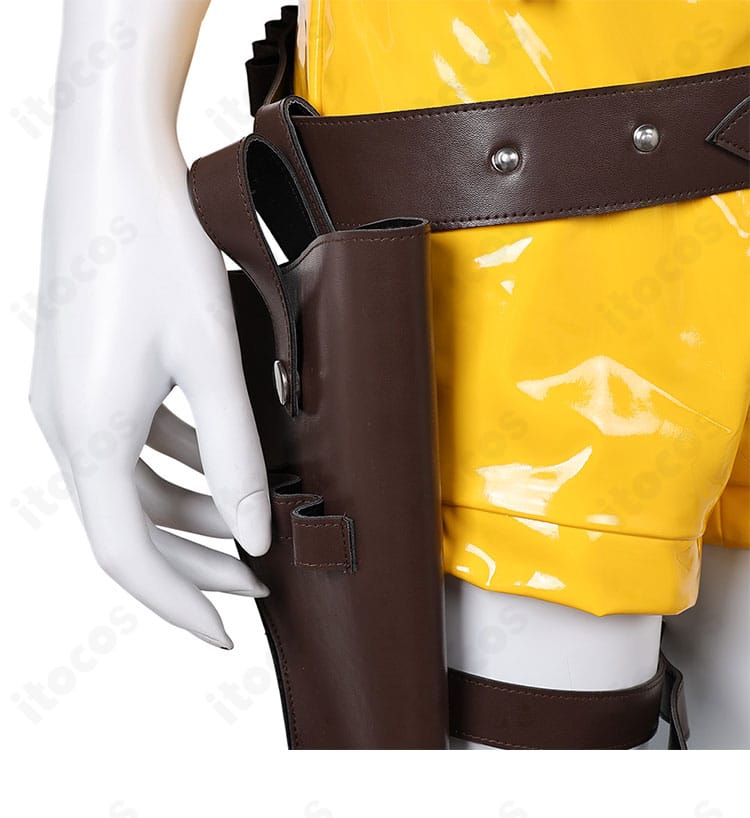 ガンホルスターのディテール。ホルスターの固定方法と縁取りの仕上げを示した拡大画像。