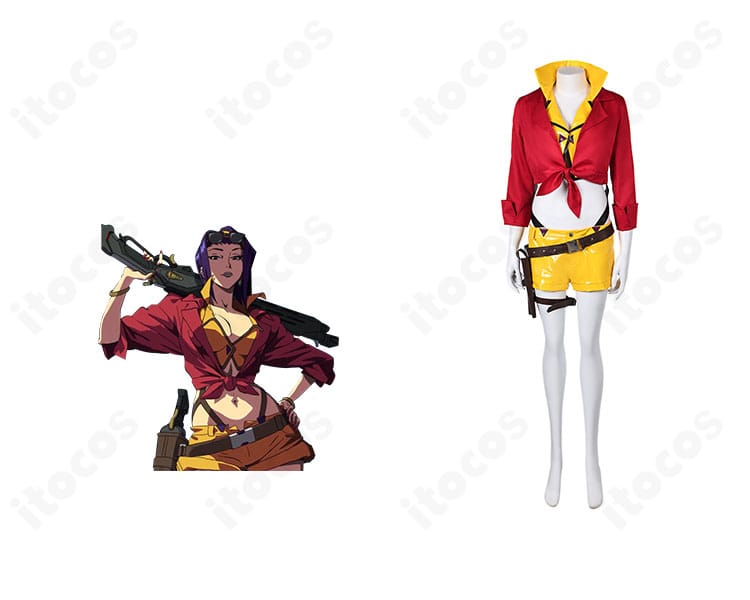 商品正面とアッシュ「フェイ」スキンの参考イラストを並置した画像。オーバーウォッチ2×カウボーイビバップ コラボ衣装の全体バランスがわかる構図。