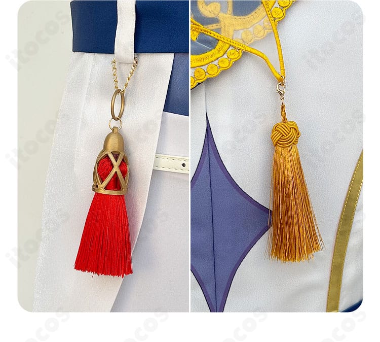 天祥院英智 コスプレ衣装 腰飾りの流蘇ディテール。動きに合わせて揺れる華やかなアクセサリー