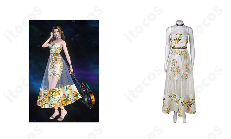 エアリス・ゲインズブールのシトラスドレス衣装 正面全身とキャラクターイメージ併置。高再現の配色と装飾が際立つエレガントなドレス。