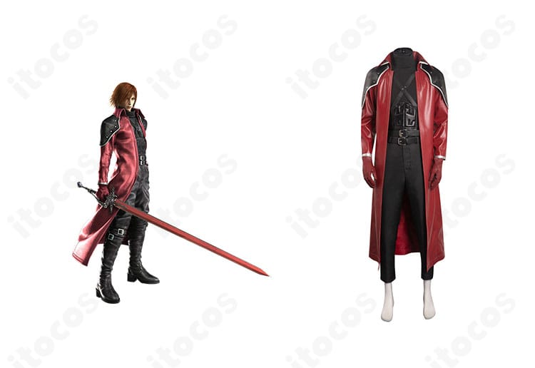 ジェネシス・ラプソードスの正面フルコーデとキャラクター画像の比較。クライシス コア -ファイナルファンタジーVII-の赤いロングコートと肩鎧を高再現。