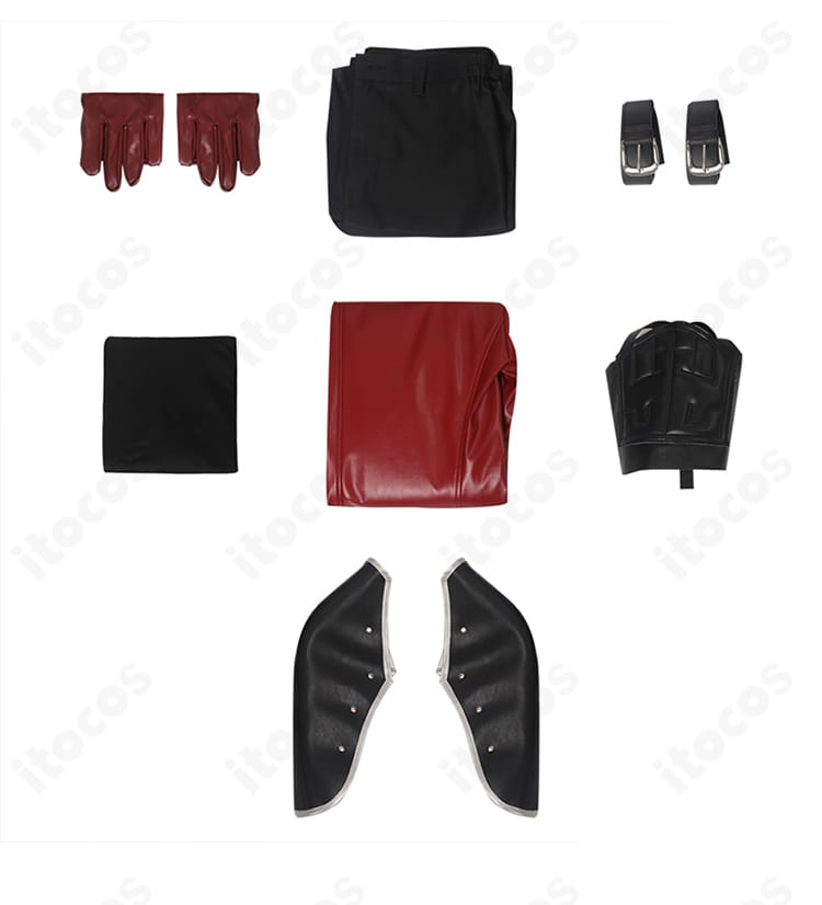 ジェネシス・ラプソードス衣装のセット内容一式。コート、ズボン、手袋、インナー、ベルト、背ベルト、肩鎧を並べた確認画像。