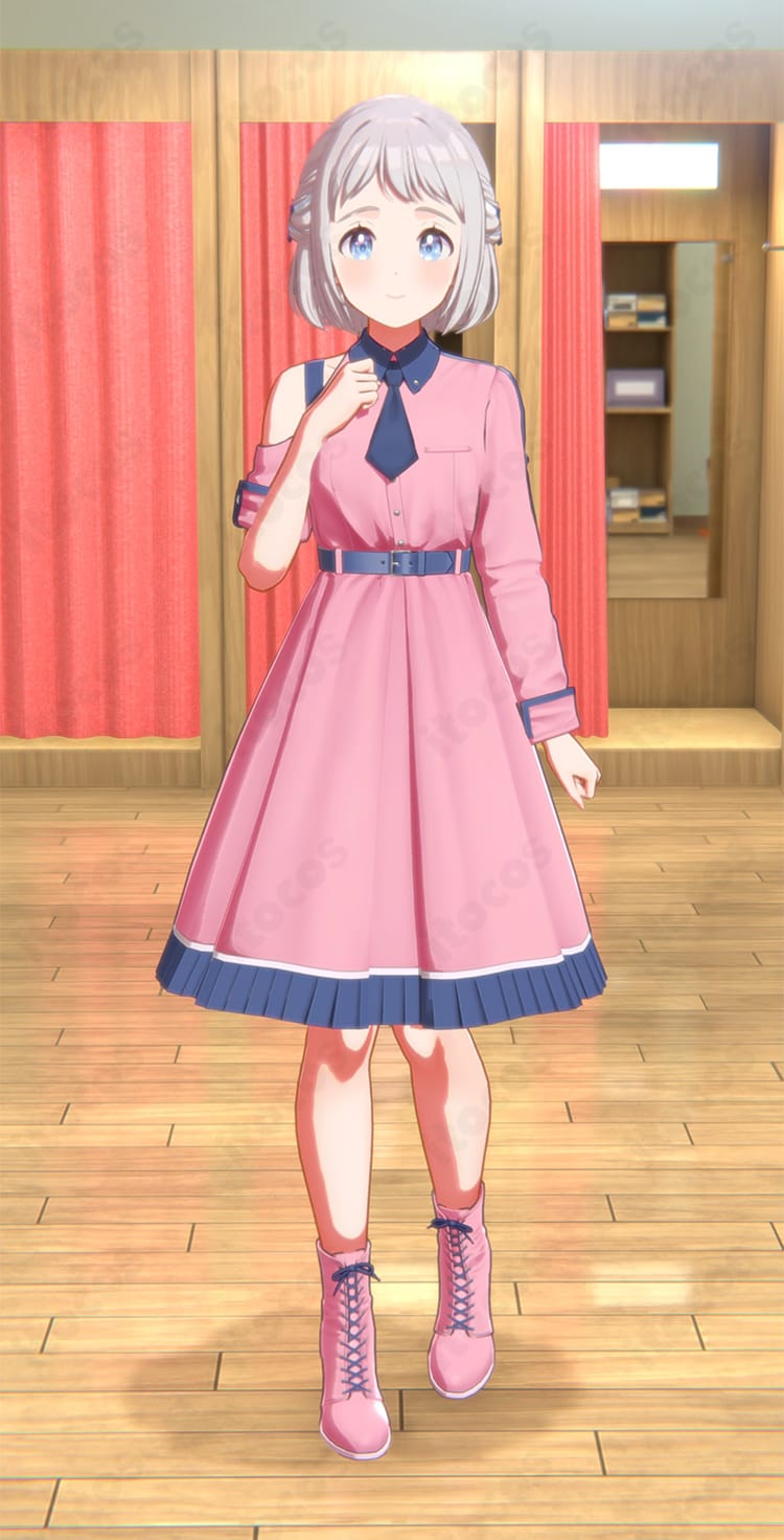 学園アイドルマスター 葛城リーリヤのコスプレブーツを着用したモデル画像。合成革の高再現ディテールでイベントや撮影に適した仕様。