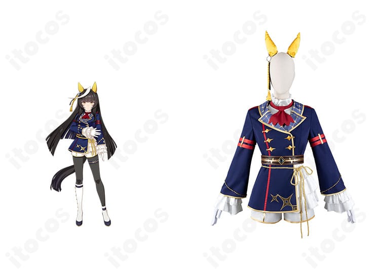 カルストンライトオの勝負服コスプレ衣装とキャラクターイメージを並置した正面ショット。配色とラインの再現度がわかる構図。