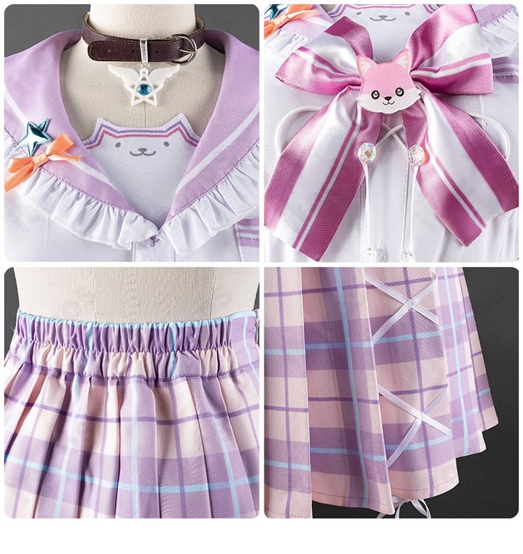 襟・チョーカー・リボン、スカートの質感を示す詳細画像。可愛らしさと知的さを両立する配色と素材感。