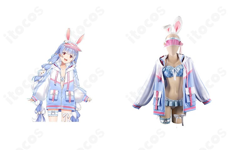 兎田ぺこら 2024水着新衣装コスプレの全身正面とキャラクター比較。鮮やかな配色と小物まで再現。