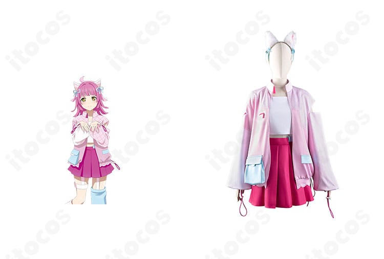 天王寺璃奈 ニジガクラブソング衣装の正面全体と公式風キャラクター画像。色配置と装飾が忠実に再現されたセットアップ。