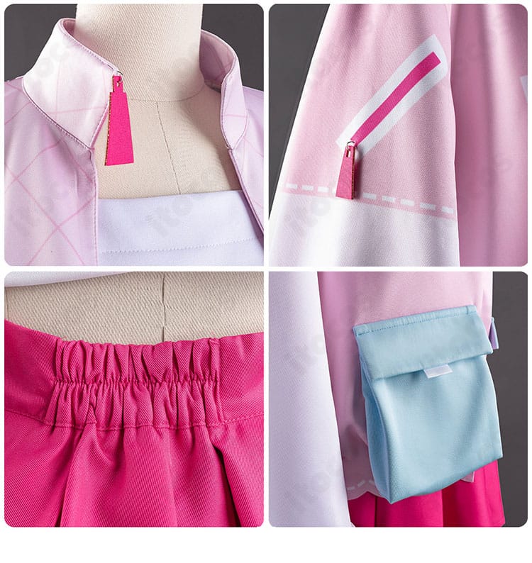 襟・袖・スカート裾・ポケット装飾のクローズアップ。ファッション性の高いトリムとステッチワークを確認できる。