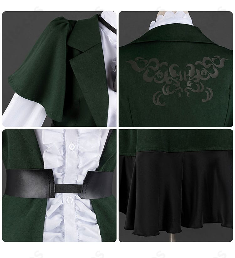 肩・背面・腰部ベルト・スカート装飾の複合ディテール。各パーツの質感と立体感をチェックできる画像。