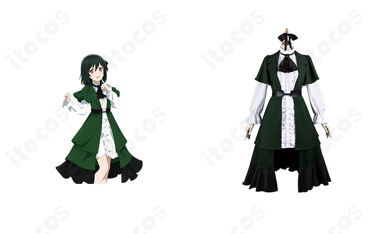 商品正面と三船栞子のビジュアルが並ぶ画像。虹ヶ咲の学園制服コスプレ一式が正面から確認でき、配色と装飾の再現度を示します。