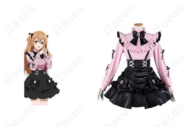 ラブライブ！虹ヶ咲 近江彼方のコスプレ衣装 正面とキャラの比較画像。蝶結びと腰装飾、全体バランスが分かる構図。