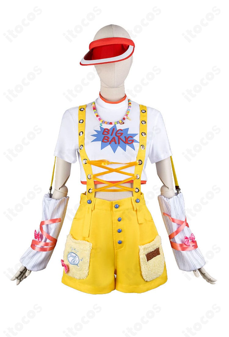 藤田ことね Yellow Big Bang コスプレ衣装の正面全体。トップスとオーバーオールの配色、リボンの位置など細部まで表示。