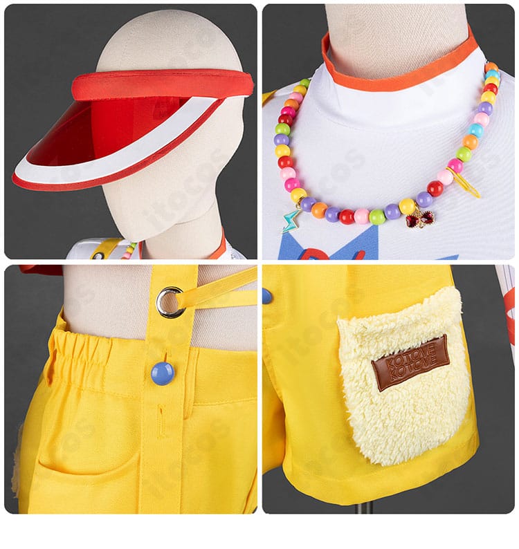 藤田ことね Yellow Big Bang コスプレの小物クローズアップ。帽子、ネックレス、パンツ装飾の質感とディテール。