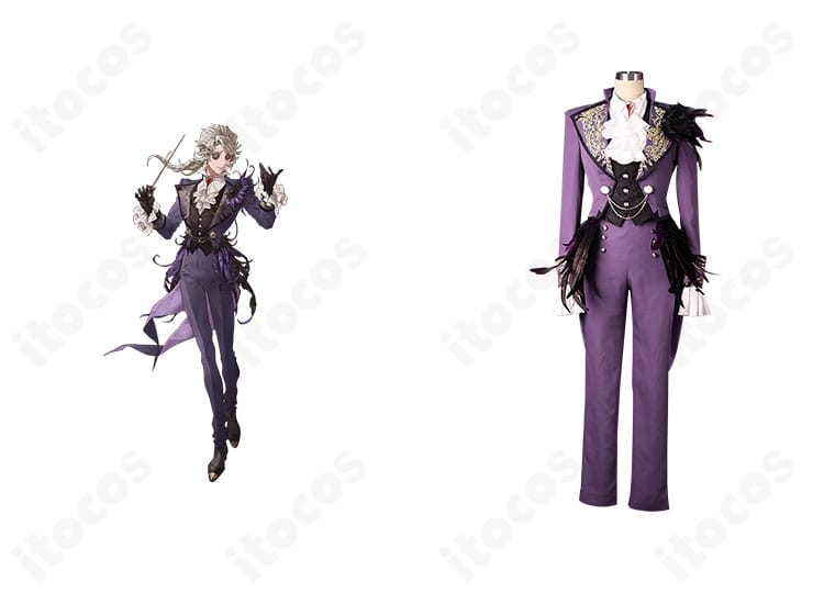 Identity V 第五人格 作曲家 フレデリック・クレイバーグ コスプレ衣装の正面とキャラクター画像。ハロウィン演奏会の雰囲気を再現した燕尾服スタイル。