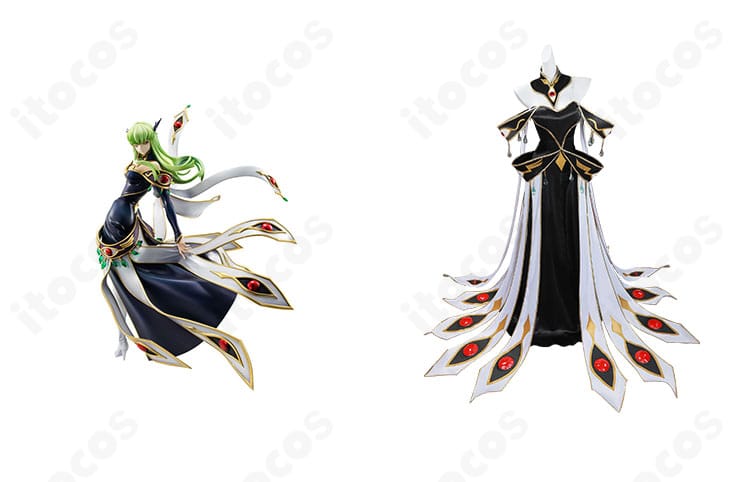 C.C.のブリタニア衣装コスプレ一式の正面。赤い宝石風ブローチと金色縁取りが映えるドレス詳細