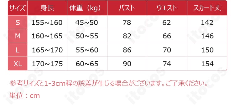 C.C. ブリタニア衣装のサイズ表と寸法ガイド。S〜XLの対応範囲を説明する画像