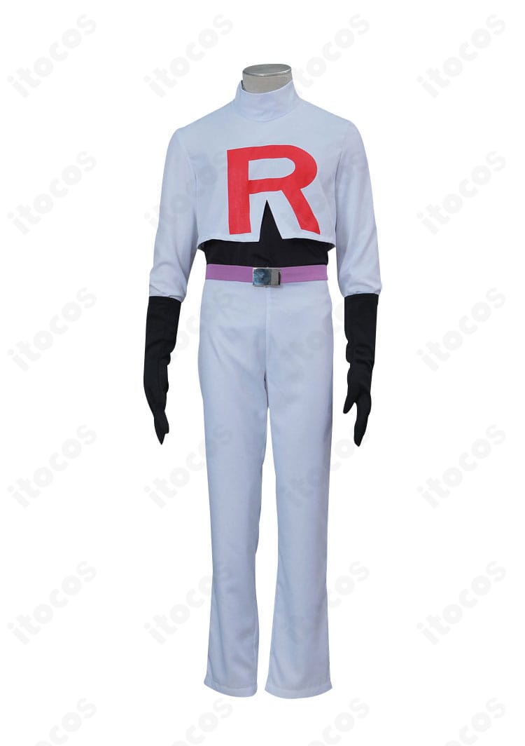 コジロウの制服コスプレ衣装の正面。トップスとズボンのシルエットとRロゴの配置が見える