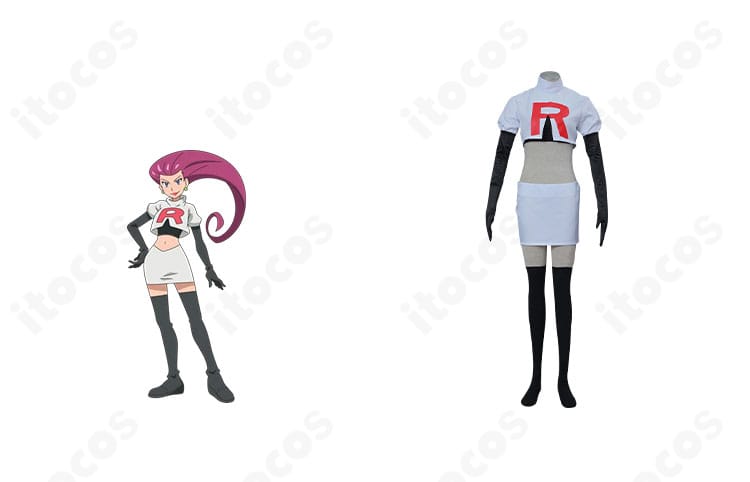 ポケットモンスター ムサシのロケット団制服コスプレ一式と公式イメージを並べた画像。白基調に赤いRロゴが映える再現デザイン。