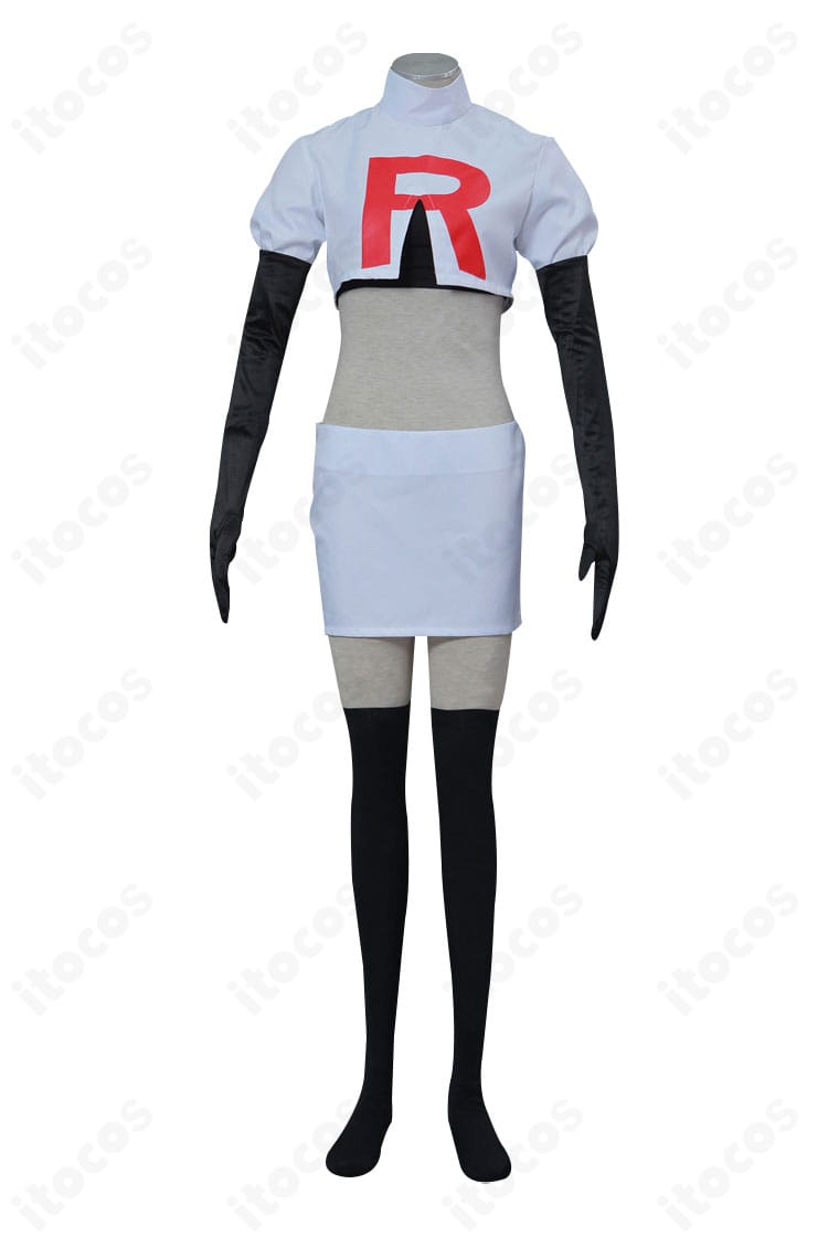 ポケットモンスター ムサシ コスプレ衣装の正面全身。トップスとスカート、手袋・靴下のシルエットとロゴ位置を確認できる画像。