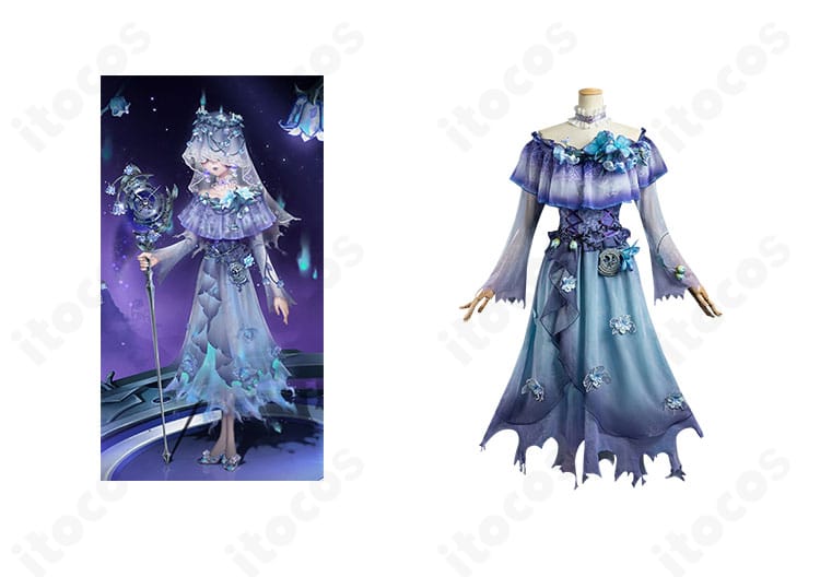 第五人格 メリー・プリニウス「霊の蝋燭」コスプレ衣装の正面全体とキャラクター比較。高再現の装飾とシルエットが分かる画像。