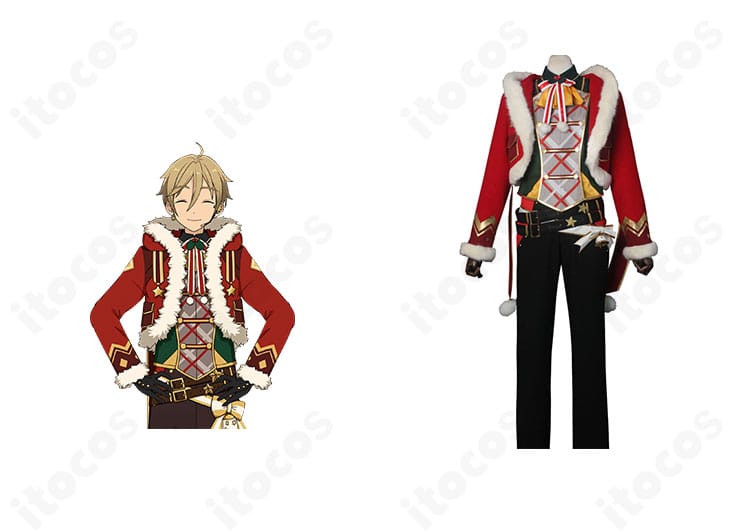 商品正面と真白友也のコラボイメージ。あんさんぶるスターズ！『ウィンターサンタ』衣装の全体像がわかる写真