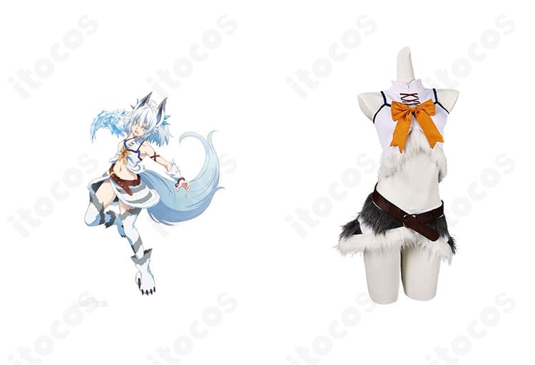 回復術士のやり直し セツナ 氷狼族コスプレ衣装の正面＋キャラクター比較画像。配色と装飾位置の再現度が分かる一枚。
