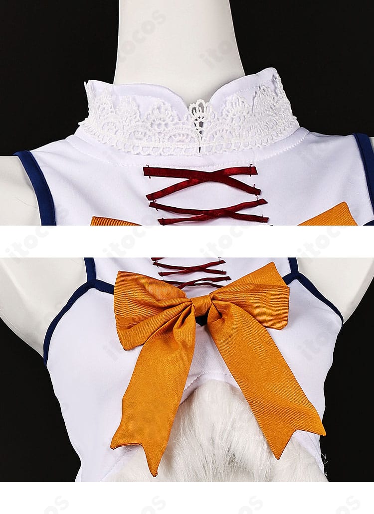 セツナ氷狼族衣装の襟元と胸元蝶結びの接写。ステッチの整いと結びの立体感が伝わるディテール。