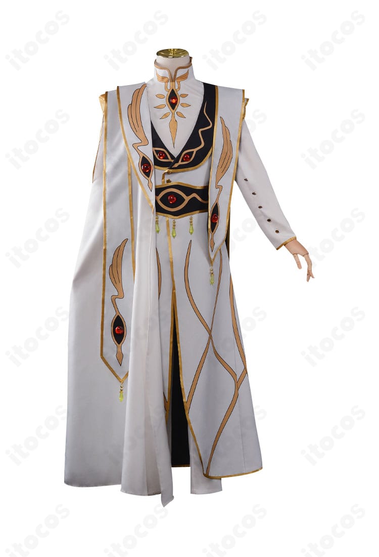 ルルーシュ皇帝コスプレ衣装の正面全体。コートとストールの落ち感、装飾の配置がわかる商品画像。