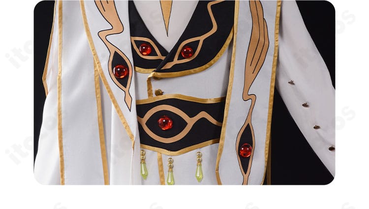 腰周りディテールのクローズアップ。コルセットベルトと意匠装飾でシルエットを引き締めるルルーシュ皇帝衣装。