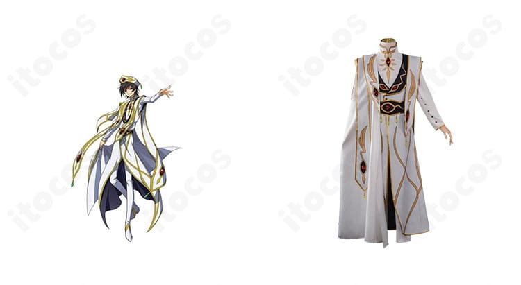 ルルーシュ・ヴィ・ブリタニア皇帝衣装の正面とキャラクターイメージの合成。黒×金配色と長マントを備えた高再現コスプレ一式。