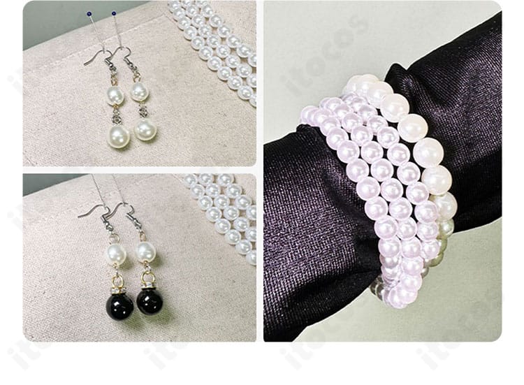 首飾り・耳飾り・ブレスレットのセットディテール。アクセ一式で統一感が出ることが分かる画像