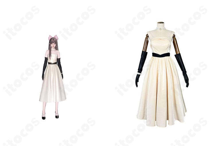 恋と深空 女主人公『白に溶ける』コスプレ衣装の正面全体とキャラクターイメージ。高再現の白ドレスと装飾を確認できる写真