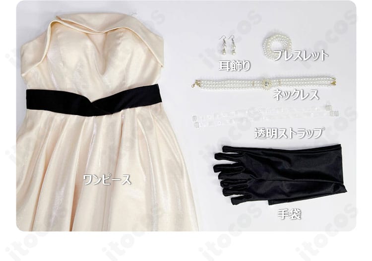 ワンピース・手袋・耳飾り・ネックレス・ブレスレット・透明ストラップを並べたセット内容一式の写真