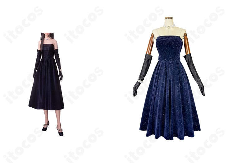 恋と深空 プレイヤー（女主人公）夜に染まるの正面と公式ビジュアルを並置した画像。ドレス全体のシルエットと雰囲気を確認できます。