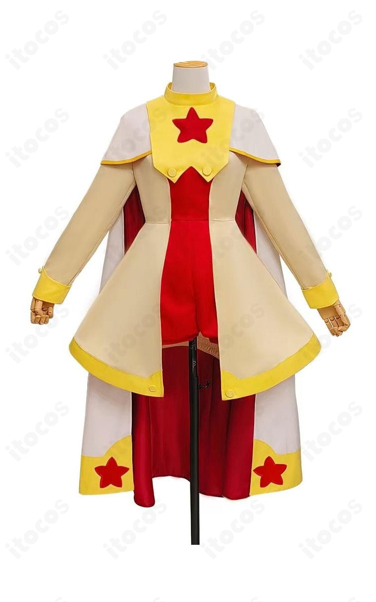 カードキャプターさくら 木之本桜 コスプレ衣装の正面全体図。マントの広がりとコートのライン、つけ襟のコントラストが映えるデザイン。