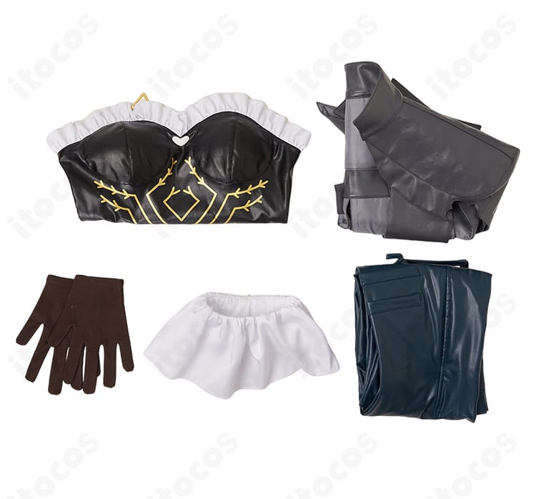 ヒュルケンベルグ 初期衣装コスプレのセット内容一式。コート、キャットスーツ、ビスチェ、スカーフ、手袋を並べた画像。