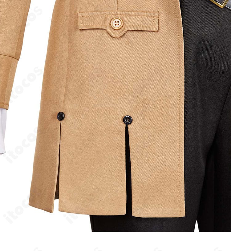 裾の装飾ディテール。コートの端処理とラインの美しさを強調