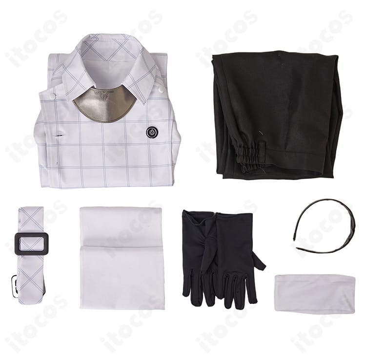 ストロール初期衣装のセット内容一覧。コート、ズボン、ベルト、手袋、つけ襟、レッグカバー、カチューシャを一枚で確認。