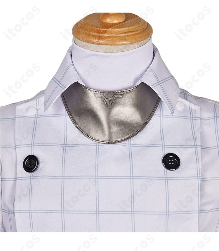 ストロール衣装の襟元ディテール。つけ襟と刺繍風装飾の質感、縁取りの仕上げが分かるアップ。