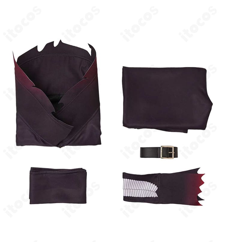 ダンダダン 高倉健 変身コスプレ衣装のセット内容一式（コート、ズボン、マスク、マフラー、ベルト）を並べた画像