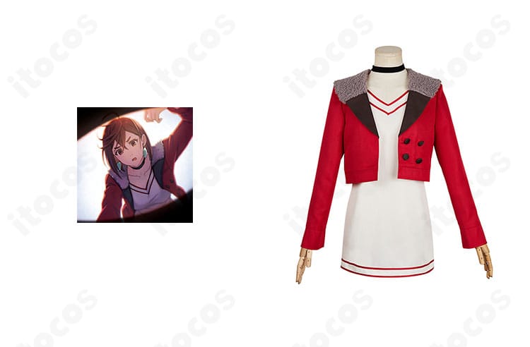 ダンダダン 綾瀬桃 私服（制服風）コスプレ衣装の正面全身とキャラクター参考ビジュアルの並び