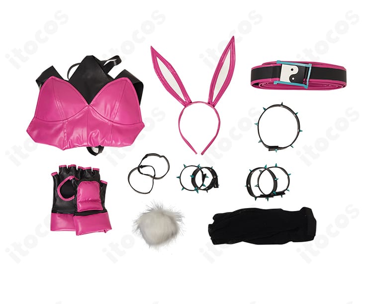 セット内容一式の平置き画像。レオタード、チョーカー、手袋、網タイツ、各種飾り、透明ストラップを一覧で確認可能。