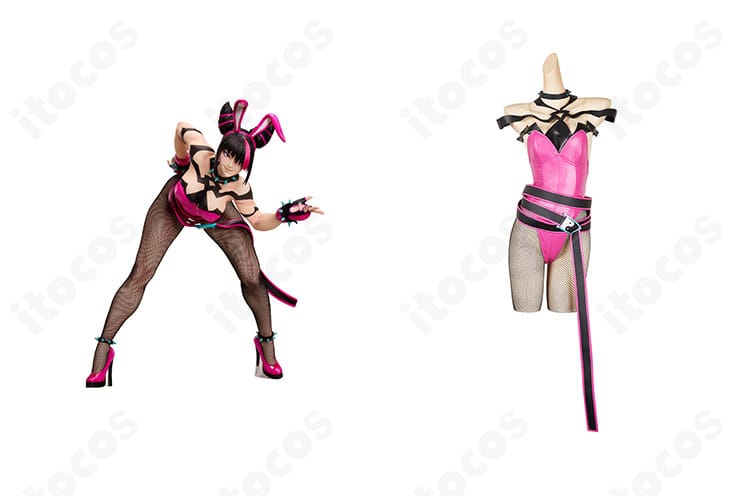 商品正面とハン・ジュリが並ぶ構図のバニーVer.コスプレ衣装。全体バランスと高い再現度が伝わるイメージ。