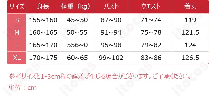 S〜XLのサイズ表を示す画像。各寸法を確認できるガイド。
