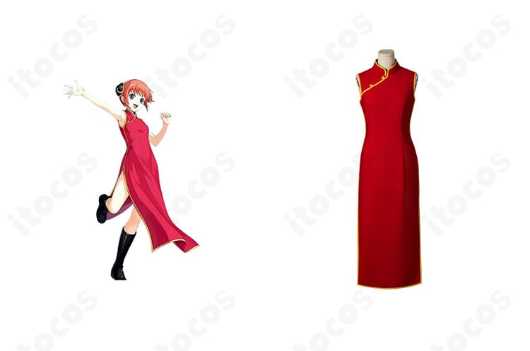 ITOCOS 銀魂 神楽 ノースリーブチャイナドレスの全身とコラボ風ショット。忠実再現の装飾が映えるコスプレ衣装