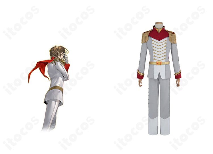 ペルソナ5 ザ・ロイヤル 明智吾郎（クロウ）怪盗服の正面全体とキャラクター参考図。ジャケットとマントのシルエットを高再現したITOCOS製コスプレ衣装の概要